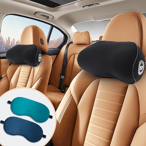 2 Pack - Car Headrest Pillow for Neck Support, 100% Memory Foam Car Neck Pillow with Sleep Mask - Universal Fit Head Rest Travel Pillow Car Pillow for Pain Relief While Driving(Contains 2 Eye Masks) - color: Pack of 2