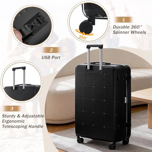 Merax Luggage Sets 5 Piece, Hardside 20" Half-opening Carry On Suitcase Set with USB Port,Lightweight Travel 24" 28" Luggage with Bags TSA Locks Double Spinner Wheels,Black - color: Black, size: 3 piece(20front open+24+28+bags)