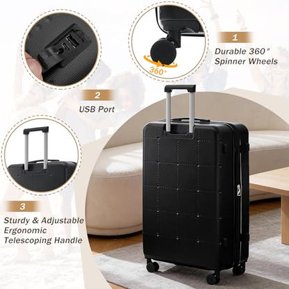 Merax Luggage Sets 5 Piece, Hardside 20" Half-opening Carry On Suitcase Set with USB Port,Lightweight Travel 24" 28" Luggage with Bags TSA Locks Double Spinner Wheels,Black - color: Black, size: 3 piece(20front open+24+28+bags)