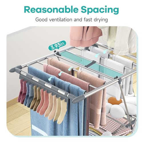 APEXCHASER Clothes Drying Rack with High Hanger, Foldable 3-Level Drying Racks with Shoe Rack, Crossbar and Vertical Rod Laundry Stand with Adjustable Wings Grey - color: Gray, size: 2 Wings
