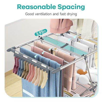 APEXCHASER Clothes Drying Rack with High Hanger, Foldable 3-Level Drying Racks with Shoe Rack, Crossbar and Vertical Rod Laundry Stand with Adjustable Wings Grey - color: Gray, size: 2 Wings