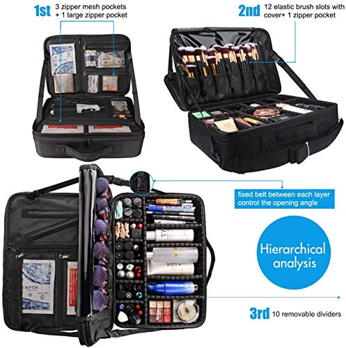 MONSTINA Large Makeup Case, 3 Layers Makeup Bag Cosmetic Organizer Brush Bag Barber Train Case Makeup Artist Box for Hair Curler Hair Straightener Brush Set and Cosmetics - color: A Black, size: Large