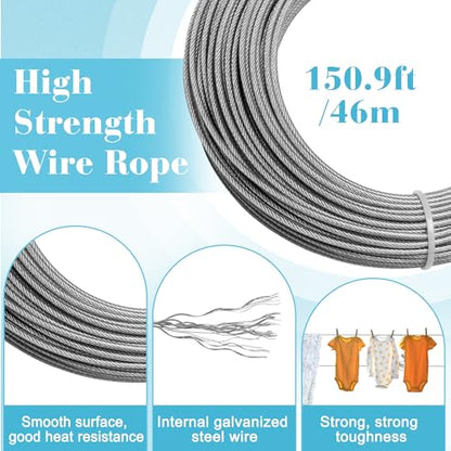 Outdoor Clothesline Kit, 150.9FT Heavy Duty Plastic Coated Wire Rope, Includes 2 Durable Pulleys, 2 S-Type Dividers, 1 Tightener, 2 Screw Hooks & 2 Expansion Screws