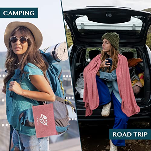 PAVILIA Soft Travel Blanket, Compact Airplane Blanket in Bag, Portable Blanket Pillow Set, Lightweight and Packable Plane Flight Car Trips Travel Home Office Gift Accessories, Pink, 65x40 inches - color: Pink