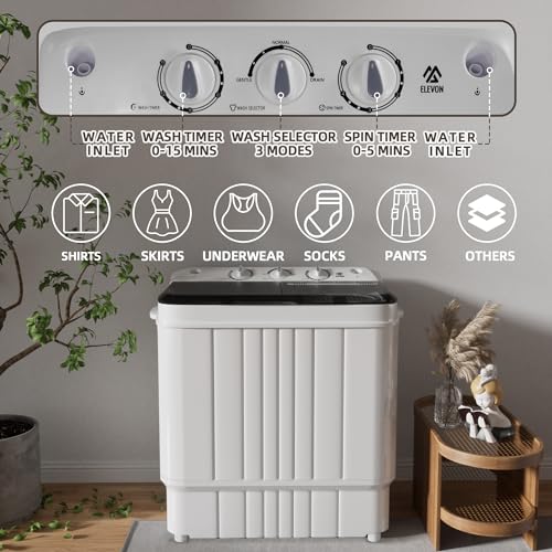 Elevon Portable Washing Machine Twin Tub 17.6 Lbs Capacity, (11 Lbs) and Spinner(6.6 Lbs) Combo Mini Compact Laundry Washer for Home, Apartment, Camping, RVs and Dorms, Black/White - style: 17.6LBS