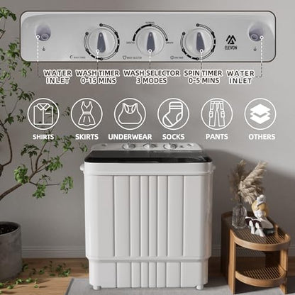 Elevon Portable Washing Machine Twin Tub 17.6 Lbs Capacity, (11 Lbs) and Spinner(6.6 Lbs) Combo Mini Compact Laundry Washer for Home, Apartment, Camping, RVs and Dorms, Black/White - style: 17.6LBS