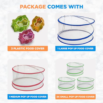 Pop Up Mesh Food Covers - Collapsible Pop Up Food Cover Set for Camping, Picnic and Outdoors - Complete with Plastic Food Cover Wraps