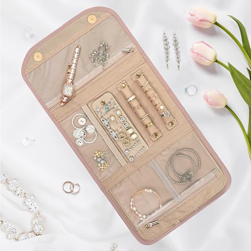 PAVILIA Travel Jewelry Case Organizer, Foldable Jewelry Travel Roll Bag, Small Jewelry Travel Pouch Wallet for Earrings, Rings, Necklaces, Bracelets, Travel Packing Accessories (Quilt Pink) - color: Quilt Pink
