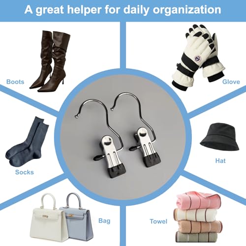 Boot Hanger Clips, 12-Pack Laundry Hanging Hooks Clothes Pins for Closet Organizer, Heavy Duty Hanger Clips for Pants, Socks, Towels, Hats, Boots, and Travel, Space-Saving Clothes Clips for Home Use