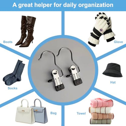 Boot Hanger Clips, 12-Pack Laundry Hanging Hooks Clothes Pins for Closet Organizer, Heavy Duty Hanger Clips for Pants, Socks, Towels, Hats, Boots, and Travel, Space-Saving Clothes Clips for Home Use