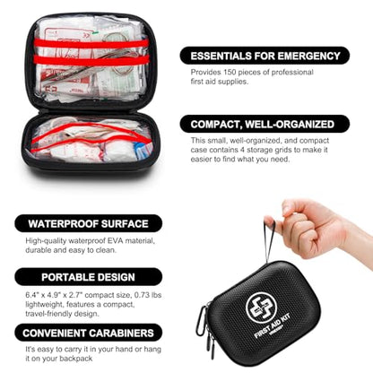 Mini First Aid Kit - 150 Piece Small Waterproof Hard Shell Medical Kit for Home, Car, Travel, Camping, Truck, Hiking, Sports, Office, Vehicle & Outdoor Emergencies (Black) - color: Black