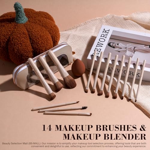 BS-MALL 14 Pcs Makeup Brushes Set with 1 Pcs Makeup Sponge – Essential Foundation Powder Concealers, Eye Shadows, Blush Makeup Brushes with Travel Makeup Case (Beige) - color: Beige