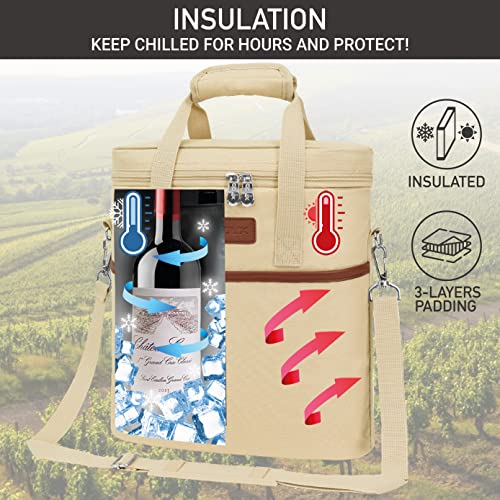 Opux 3 Bottle Insulated Leakproof Wine Cooler Bag, Tote for Picnic Beach, Portable Carrying Case, Cream - color: Cream Beige