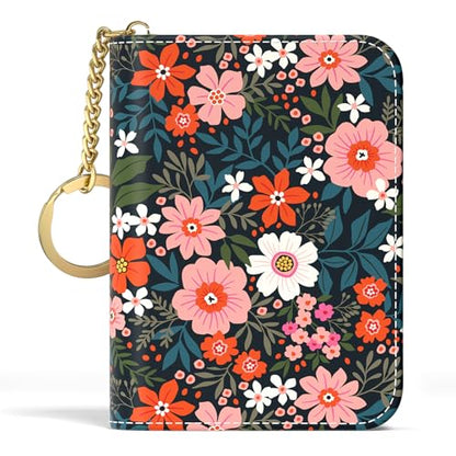 Aiawoxc Credit Card Holder, Small RFID Wallet Slim Leather Card Organizer Case with Zipper and Keychain, Cute Flowers - color: B-Cute Flowers, size: Keychain