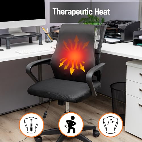 Mind Reader Heated Lumbar Support Cushion with Gentle Heat and Timer, Memory Foam Lower Back Pillow for Office Chair and Home Use, Black