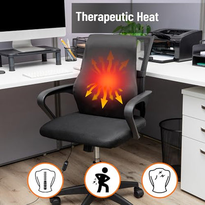 Mind Reader Heated Lumbar Support Cushion with Gentle Heat and Timer, Memory Foam Lower Back Pillow for Office Chair and Home Use, Black