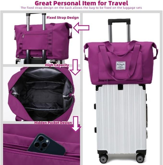 Large Capacity Foldable Travel Bag, Expandable lightweight Carry on Bag, Dry with Wet Separation Spor Duffel Bags (Fuchsia+Toiletry Bag) - color: Fuchsia+Toiletry Bag