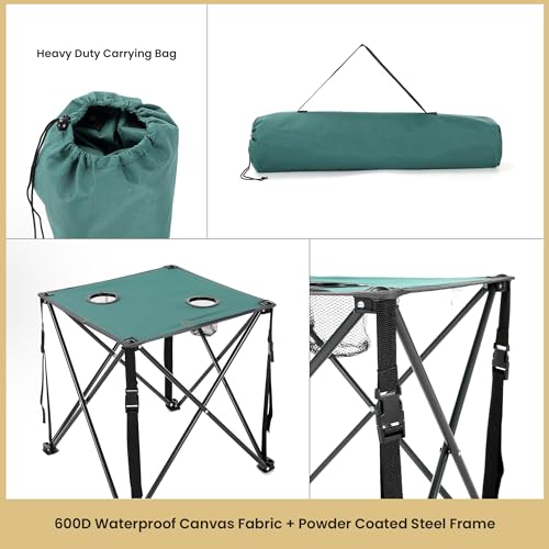 ARROWHEAD OUTDOOR 26” (66cm) Portable Camping Folding Table, 2 Cup Holders, Square, Carrying Case, Steel Frame, High-Grade 600D Canvas - color: Green