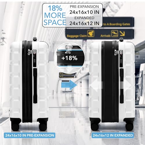 Flight Knight 24x16x10 Expandable Carry On Suitcase Hardside TSA Lock USB C Lightweight Luggage Silent Double Spinner Wheels Maximum Overhead Carry-On Bag For Virgin South West Approved White - color: White, size: 24x16x10"