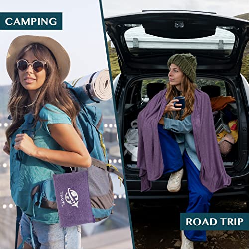 PAVILIA Travel Blanket Compact, Airplane Packable Bag, Soft Fleece Portable Throw Pillow Combo Set, Plane Flight Car Trips Essentials Gift Accessories, Luggage Backpack Clip, Purple, 65 x 40 Inch - color: Purple