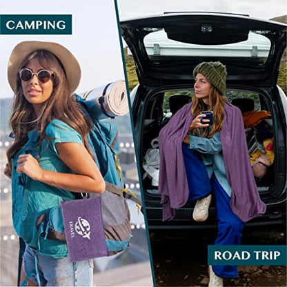 PAVILIA Travel Blanket Compact, Airplane Packable Bag, Soft Fleece Portable Throw Pillow Combo Set, Plane Flight Car Trips Essentials Gift Accessories, Luggage Backpack Clip, Purple, 65 x 40 Inch - color: Purple