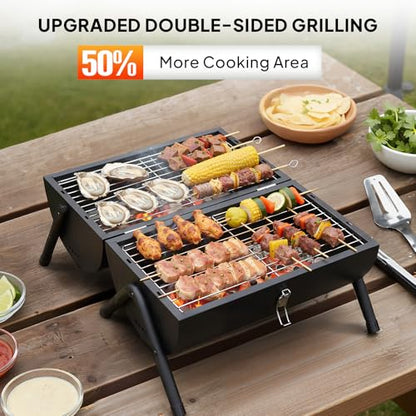 VINGLI Portable Double Sides Charcoal Grill, Wooden Handle,Storage Bag, Multi-functional Metal Compact Tabletop BBQ Outdoor Charcoal Grill for Camping Travel Picnic Patio - style: Double-Sides