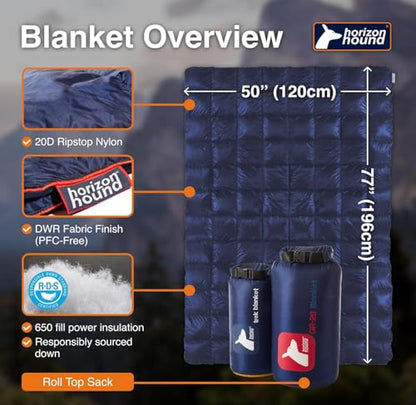 Horizon Hound Down Camping Blanket 650 Fill Power - Ultralight Backpacking Quilt (1lb 6oz) Warm & Water-Resistant 20D Nylon Shell for Outdoors, Camping, Hiking, Travel, & Stadium - Packable - color: Midnight Blue
