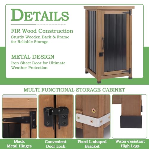 Outdoor Storage Cabinet Waterproof with Metal Top, Wooden Potting Bench Table Tool Organizer with Adjustable Shelf for Patio Backyard Garden - size: 18"L x 18"W x 33.5"H