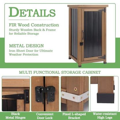 Outdoor Storage Cabinet Waterproof with Metal Top, Wooden Potting Bench Table Tool Organizer with Adjustable Shelf for Patio Backyard Garden - size: 18"L x 18"W x 33.5"H