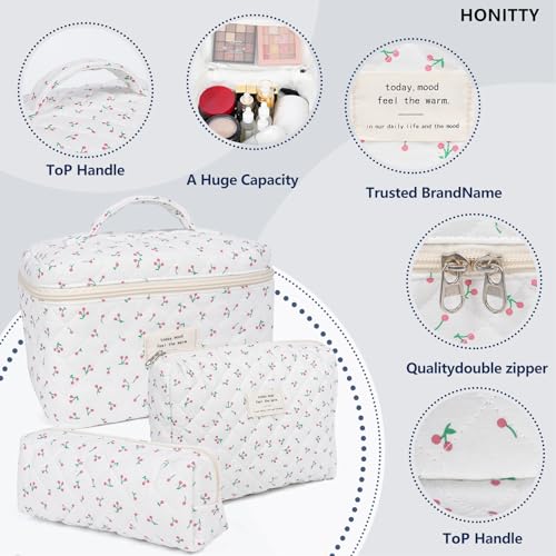 Makeup Bag,Quilted Cosmetic Bag,Large Floral Make Up Bag for Women,Cotton Makeup Bag Set,Flower Travel Toiletry Bag - color: Cherry