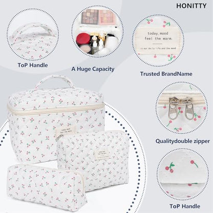 Makeup Bag,Quilted Cosmetic Bag,Large Floral Make Up Bag for Women,Cotton Makeup Bag Set,Flower Travel Toiletry Bag - color: Cherry