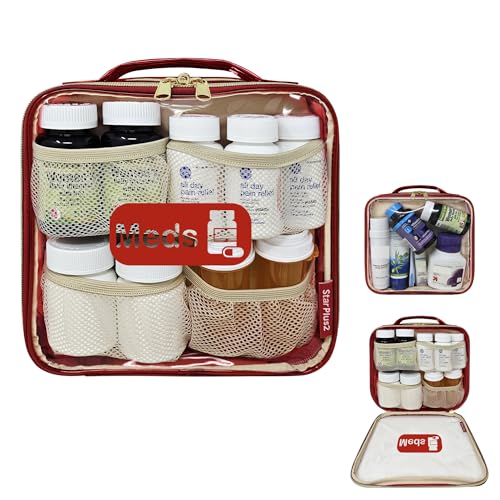 Medium Travel Pill Bottle Organizer, Clear Medicine Bag, 2 Zipper Compartments with Divider and Mesh Pockets, Easy View of Medications, Medical Supplies, and Toiletries, PVC - Red - color: - Pvc Red, size: M (Pack of 1)