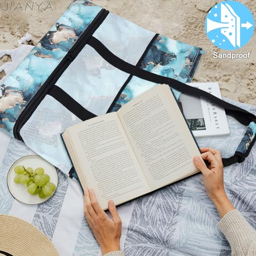 JIANYA Beach Bag Women Waterproof Sandproof Beach Tote Bags with Cooler Top Zipper Large Totes for Pool Travel Daily - color: Marble Blue