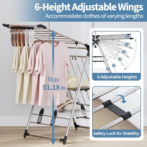 APEXCHASER Clothes Drying Rack with High Hanger, Foldable 3-Level Drying Racks with Shoe Rack, Crossbar and Vertical Rod Laundry Stand with Adjustable Wings Silver - color: Silver, size: 2 Wings