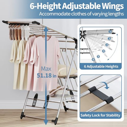 APEXCHASER Clothes Drying Rack with High Hanger, Foldable 3-Level Drying Racks with Shoe Rack, Crossbar and Vertical Rod Laundry Stand with Adjustable Wings Silver - color: Silver, size: 2 Wings