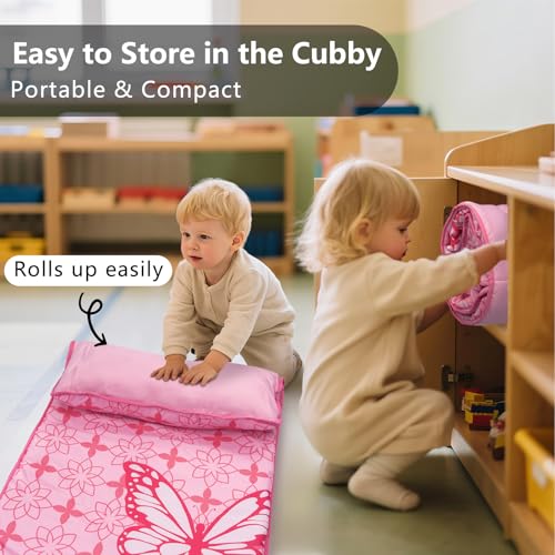 Primlect Toddler Nap Mat with Removable Pillow and Fleece Blanket, Extra Large 55''x35'' Sleeping Bag, Washable, Light, Easy to Roll up, Perfect for Daycare, Preschool, Kindergarten, Travel - color: Pink Butterfly