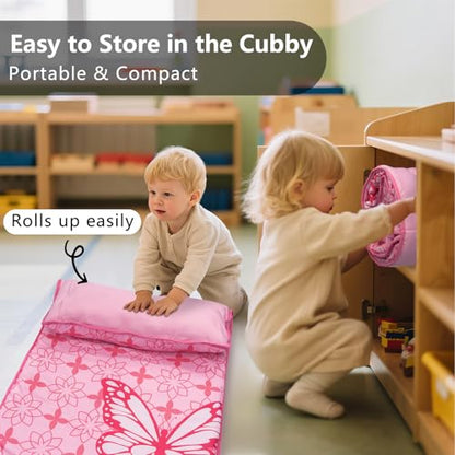 Primlect Toddler Nap Mat with Removable Pillow and Fleece Blanket, Extra Large 55''x35'' Sleeping Bag, Washable, Light, Easy to Roll up, Perfect for Daycare, Preschool, Kindergarten, Travel - color: Pink Butterfly