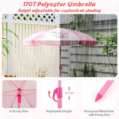 HONEY JOY Kids Picnic Table, Animal Themed Toddler Outdoor Table and Chair Set, 2 Folding Chairs & Removable Umbrella, Children Outdoor Furniture for Backyard Patio Garden (Pink Mermaid) - color: Pink Mermaid
