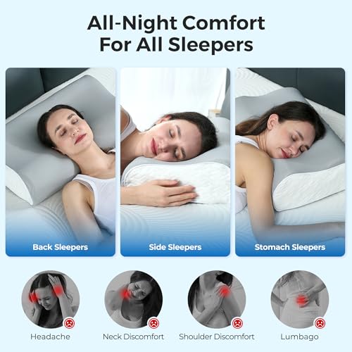 Elviros Cooling Memory Foam Pillow with Breathable Cover, Adjustable Height Bed Pillow for Neck Support, Ergonomic Cervica Neck Pillow for Side Stomach and Back Sleeper, Queen Size, 23.6"×14"×5.3" - color: Grey