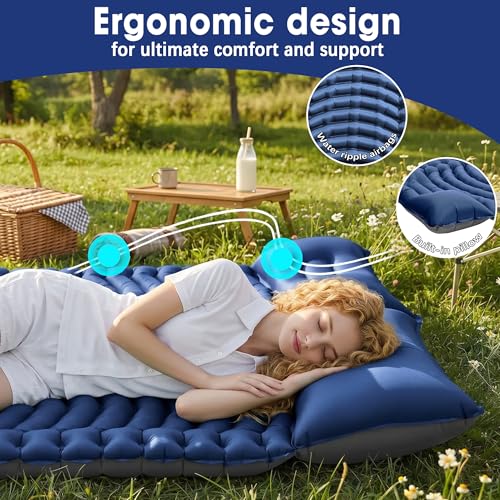 Double Sleeping Pad for Camping - Ultralight Air Mattress with Pillows, Built-in Foot Pump, Compact Inflatable 2-Person Portable Mat for Backpacking, Hiking, Tent, Car Travel, Beach，Road Trip - color: Navy Blue