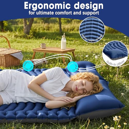 Double Sleeping Pad for Camping - Ultralight Air Mattress with Pillows, Built-in Foot Pump, Compact Inflatable 2-Person Portable Mat for Backpacking, Hiking, Tent, Car Travel, Beach，Road Trip - color: Navy Blue