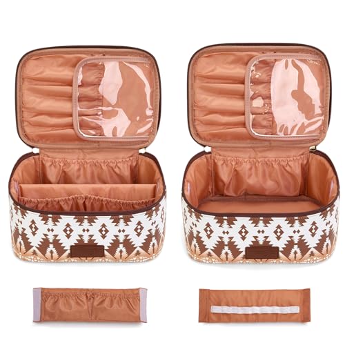 Montana West X Wrangler Travel Makeup Bag 2pcs Set Large Cosmetic Bag with Makeup Brush Holder Portable Make Up Organizer Cute Toiletry Bag with Divider and Handle for Women Aztec - color: Aztec-Coffee