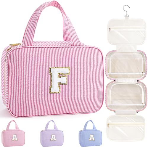 TOPEAST Gifts for Friends - Friendship Gifts for Women, Travel Toiletry Bag for Women, Hanging Toiletry Bag, Monogrammed Initial Toiletry Pouch Makeup Bag - Letter F, Pink - color: Pink, style: F