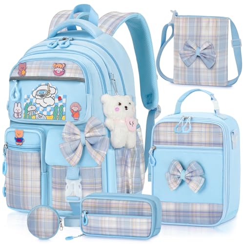 Girls Backpack with Lunch Box Set, 5pc Blue Cute Kawaii Bookbag for Teens, Aesthetic School Backpack for Elementary - color: Blue