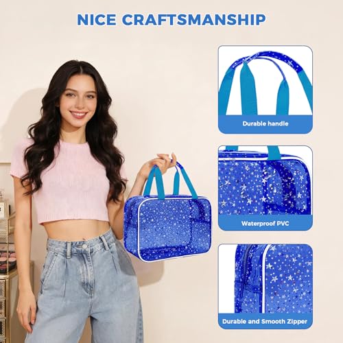 Clear Deep Blue Star Large Makeup Bag with Star Pattern (12x5x8 inches), Travel Cosmetic Bag with Handle, Durable PVC Material, Zipper Opening Design—Ideal for Makeup Travel Organization or Gym Use - color: Deep Blue, style: Star