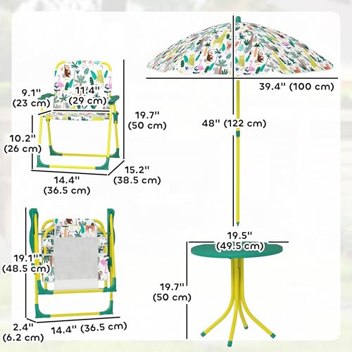 Qaba Kids Picnic Table and Chair Set, Outdoor Activity Table with Foldable Chairs, Removable Umbrella, Monkey and Giraffe Pattern Toddler Patio Furniture for Backyard, Garden, Green