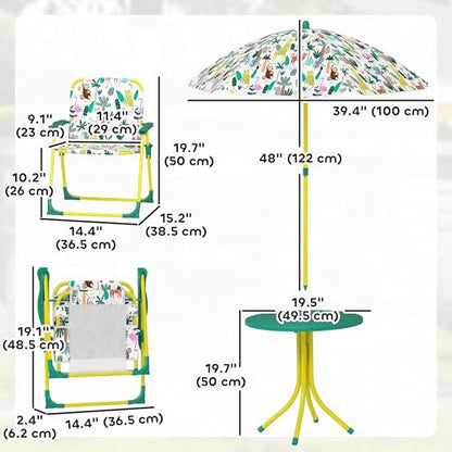 Qaba Kids Picnic Table and Chair Set, Outdoor Activity Table with Foldable Chairs, Removable Umbrella, Monkey and Giraffe Pattern Toddler Patio Furniture for Backyard, Garden, Green