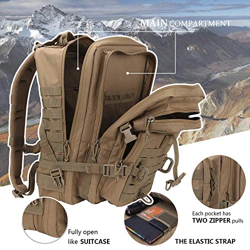 Hannibal Tactical MOLLE Assault Pack, Tactical Backpack Military Army Camping Rucksack, 3-Day Pack Trip w/USA Flag Patch, D-Rings, Coyote - color: Coyote