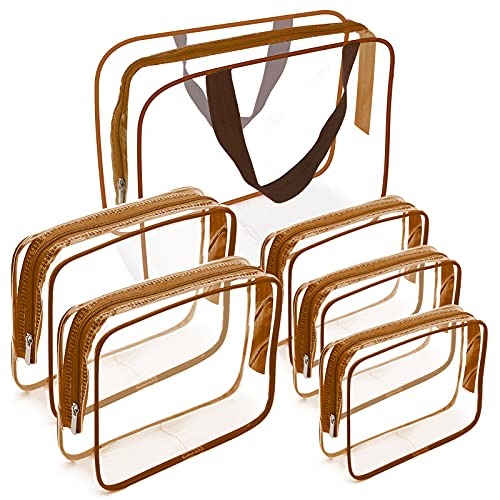 APREUTY Clear Makeup Bags, TSA Approved 6Pcs Cosmetic Makeup Bags Set Clear PVC w/Zipper Handle Portable Travel Luggage Pouch Airport Airline Bags Bathroom (Coffee) - color: Coffee-6PCS(Large+Medium+Small)