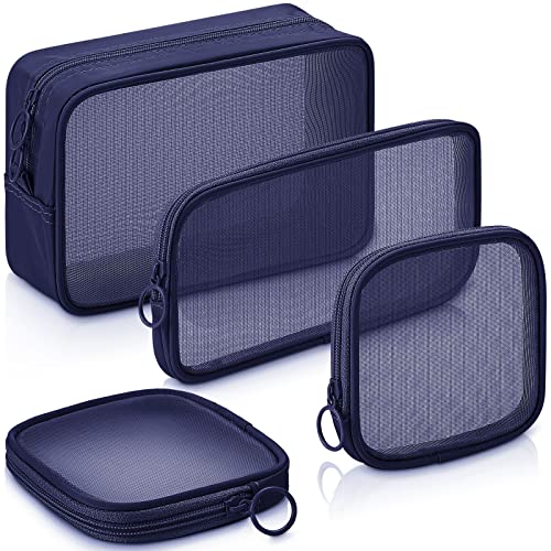 Weewooday 4 Pcs Mesh Makeup Bag Mesh Cosmetic Bag Travel Toiletry Pouch with Zipper Mini Makeup Cosmetic Purse for Daily Accessory(Small, Large, Medium,Navy Blue) - color: Navy Blue, size: Variety Pack